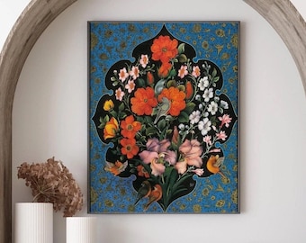 Gol-o-Morgh (Flower & Bird) Traditional Persian / Islamic Tazhib Art - A4 A3 A2 Rare Hi-Res Giclée Print, also available Framed