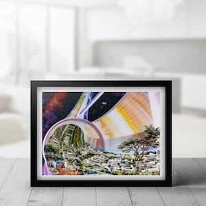 May include: A framed print of a futuristic space station with a large, circular window looking out into space. The station is filled with greenery and buildings, and there is a small spaceship flying past the window.