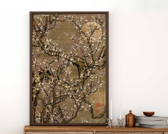 Art japonais : fleurs de prunier blanches et lune par Ito Jakuchu (impression giclée d'art premium de la gravure sur bois) Art mural / décoration d'intérieur disponible encadré