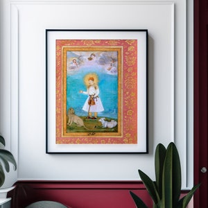 Arte Persa: Akbar com Leão e Bezerro (Impressão artística giclée de arte em miniatura persa do álbum Shah Jahan) Arte de parede / Decoração para casa disponível emoldurada