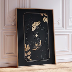Tarotprint: VI The Lovers (premium gicléekunstafdruk van zwart-gouden tarotkaart) moderne spirituele muurkunst / woondecoratie beschikbaar ingelijst