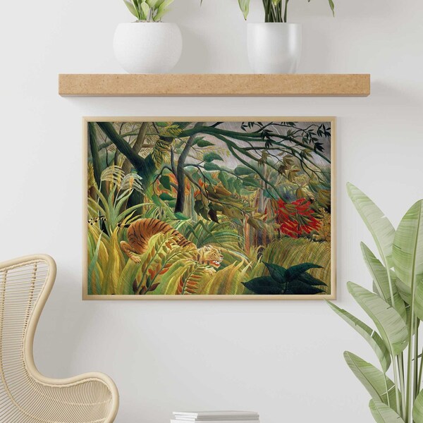 Henri Rousseau Druck: Tiger in einem tropischen Sturm (Premium-Giclée-Kunstdruck eines Dschungelgemäldes), Tierwandkunst/Wohndekoration, gerahmt erhältlich