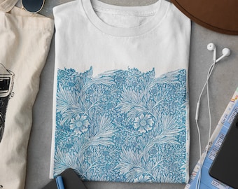 WILLIAM MORRIS - Blue Marigold - 100% Organic Cotton Unisex T-Shirt featuring Vintage Flower Textile Art - White / Vintage Beige