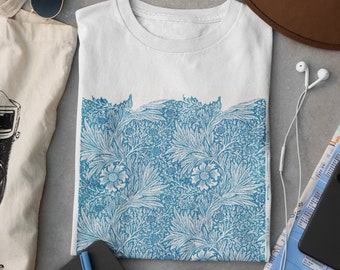 WILLIAM MORRIS - Blue Marigold - 100% Organic Cotton Unisex T-Shirt featuring Vintage Flower Textile Art - White / Vintage Beige