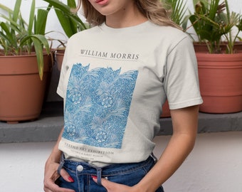 WILLIAM MORRIS - blauwe goudsbloem - T-shirt gemaakt van 100% biologisch katoen met tentoonstellingsontwerp textielkunst - wit/vintagebeige