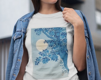 OHARA KOSON - Blühende Kirsche In Der Mondnacht - Unisex T-Shirt aus 100% Bio-Baumwolle mit Japanischer Holzschnittkunst Weiss / Beige