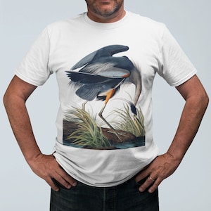 Great Blue Heron - 100% Organic Cotton Unisex T-Shirt featuring a vintage lithograph from &#39;Birds Of America&#39; by J.J. Audubon - White / Beige