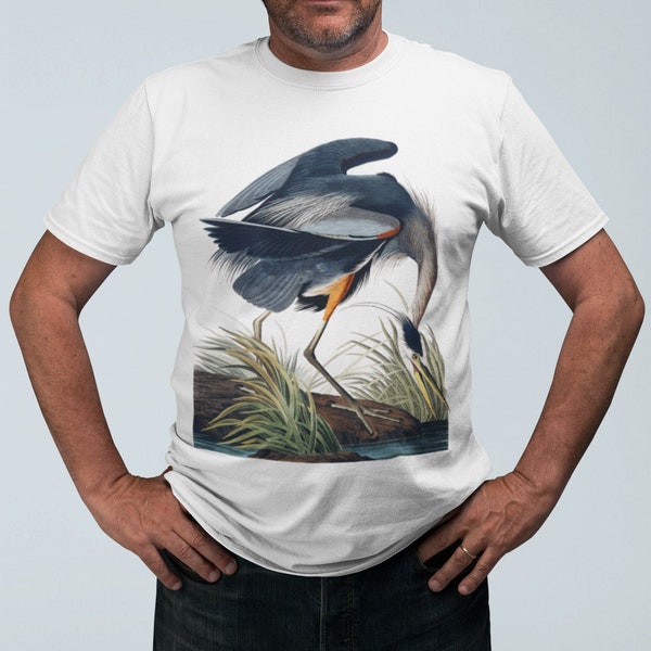 Great Blue Heron - 100% Organic Cotton Unisex T-Shirt featuring a vintage lithograph from 'Birds Of America' by J.J. Audubon - White / Beige