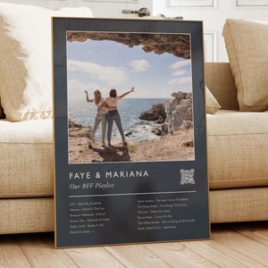 May include: A framed poster featuring a photograph of two people standing on a rocky cliff overlooking the sea. The poster is titled "Faye & Mariana Our BFF Playlist" and includes a list of song titles.