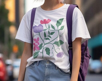 LES FLEURS - uniseks T-shirt van 100% biologisch katoen met bloemenkunst - wit/vintagebeige