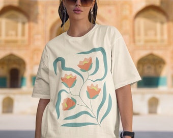 LES FLEURS - uniseks T-shirt van 100% biologisch katoen met bloemenkunst - wit/vintagebeige