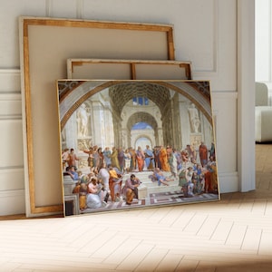May include: A framed painting of a group of people in a room with arches and columns. The painting is in a gold frame and is hanging on a white wall.