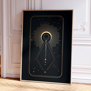 Tarotprint: IX The Hermit (Premium Giclée Art Print of Black & Gold Tarot Card) moderne spirituele muurkunst / woondecoratie beschikbaar ingelijst