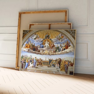 May include: A framed painting of a religious scene with a group of people in a room. The painting is in a gold frame and is hanging on a white wall.