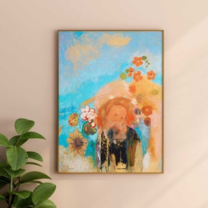 May include: A painting of a person with a crown of flowers against a blue and yellow background. The person is wearing a long, dark robe and has a crown of flowers on their head. The background is a mix of blue, yellow, and white.
