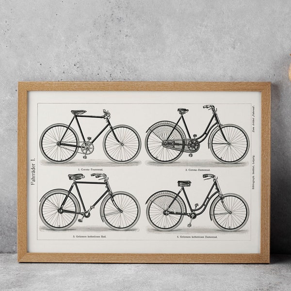 Vintage Bicycle Diagram from Meyers Konversations Lexikon (Fahrräder 1) Hi-Res Giclée Art Print, also available Framed