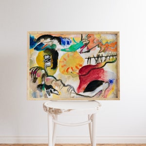 Puede incluir: Pintura abstracta en un marco de madera con fondo blanco y formas coloridas en rojo, amarillo, azul, verde y negro.