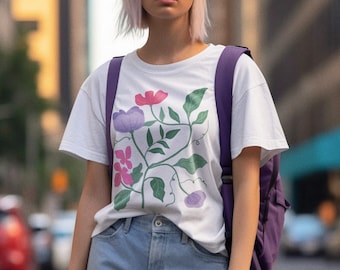 LES FLEURS - uniseks T-shirt van 100% biologisch katoen met bloemenkunst - wit/vintagebeige