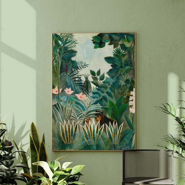 Henri Rousseau Print: The Equatorial Jungle (Premium Giclée Art Print of Green Plant Painting) Animal Wall Art / Home Decor available Framed