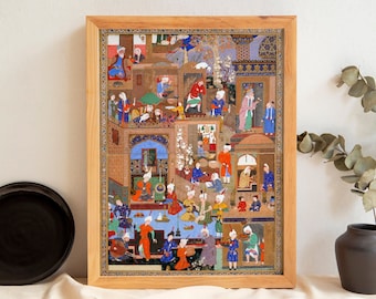 May include: A colorful framed artwork depicting a scene of people in a palace setting. The artwork is painted in a traditional Persian style with intricate details and vibrant colors.