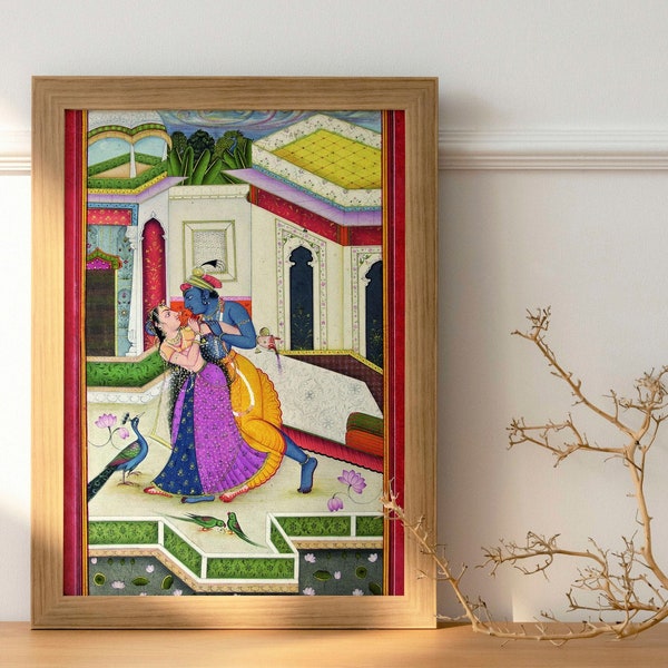 Krishna and Radha (Traditional Indian / Hindu Art) A4 A3 A2 Rare Hi-Res Giclée Print, also available Framed