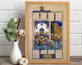 May include: A framed print of a Persian miniature painting depicting a scene with multiple figures in a courtyard. The painting is done in vibrant colors, including blue, gold, and red. The figures are dressed in elaborate clothing and are engaged in various activities. The painting is surrounded by a border of intricate calligraphy in Persian.