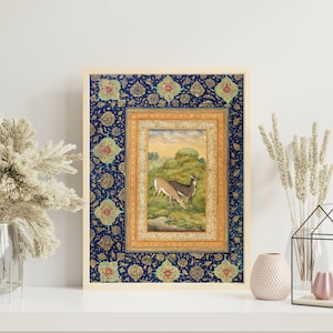 Two Deer in a Landscape (Traditional Persian / Mughal Miniature Art) A4 A3 A2 Rare Hi-Res Giclée Print, also available Framed