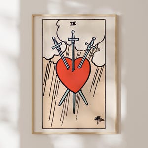Tarotprint: 3 of Swords (Premium Giclée Art Print of Vintage Tarot Card) Antieke spirituele muurkunst / Woondecoratie beschikbaar ingelijst