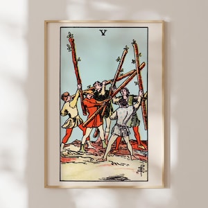 Tarotprint: 5 toverstokken (premium gicléekunstafdruk van vintage tarotkaart) antieke spirituele muurkunst / woondecoratie beschikbaar ingelijst