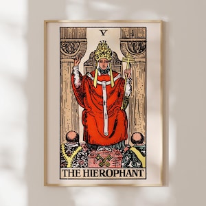 Impressão de tarô: V O Hierofante (impressão artística Giclée premium de carta de tarô vintage) Arte de parede espiritual antiga / decoração para casa disponível emoldurada