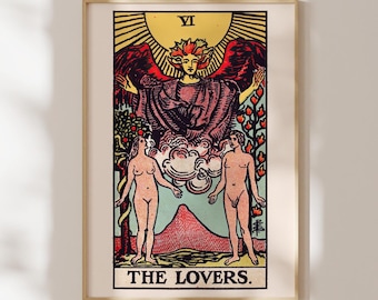 VI Lámina de la carta del Tarot de Los Amantes / Pamela Colman Smith / Lámina de arte Rider Waite / Arte mural espiritual vintage, enmarcado o sin enmarcar