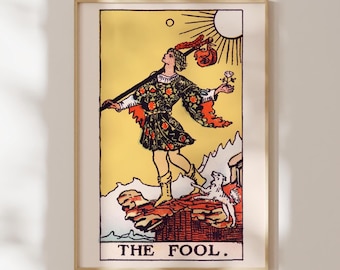 Lámina de la carta del Tarot del Loco / Pamela Colman Smith / Lámina de arte Rider Waite / Arte mural espiritual vintage, enmarcado o sin enmarcar