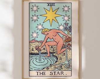 XVII Lámina de la carta del Tarot La Estrella / Pamela Colman Smith / Lámina de arte Rider Waite / Arte mural espiritual vintage, enmarcado o sin enmarcar
