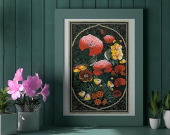 Gol-o-Morgh (Flower & Bird) Traditional Persian / Islamic Tazhib Art - A4 A3 A2 Rare Hi-Res Giclée Print, also available Framed