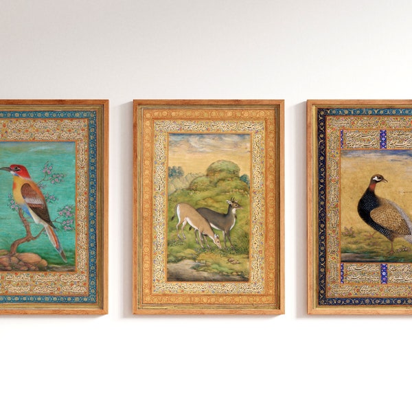 Set of 3 - Traditional Persian / Mughal Miniature Art featuring Birds and Deer - A4 A3 A2 Rare Hi-Res Giclée Prints, also available Framed