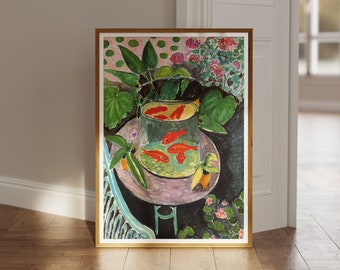 Stampa Henri Matisse: Pesce rosso (stampa d'arte premium Giclée del dipinto moderno di una ciotola di pesce con natura verde) Arte da parete/Decorazioni per la casa disponibile Con cornice