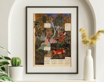 Rostam Sleeps While Rakhsh Fights A Lion (Traditional Persian Art from Shahnameh) - A4 A3 A2 Rare Hi-Res Giclée Print, also available Framed
