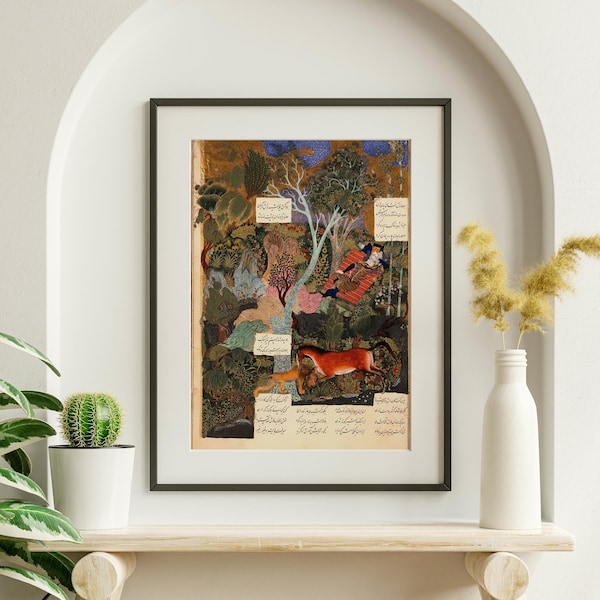Rostam Sleeps While Rakhsh Fights A Lion (Traditional Persian Art from Shahnameh) - A4 A3 A2 Rare Hi-Res Giclée Print, also available Framed