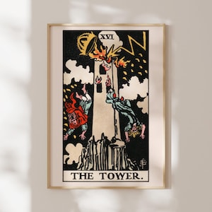 Tarotprint: XVI The Tower (Premium Giclée Art Print of Vintage Tarot Card) Antieke spirituele muurkunst / Woondecoratie beschikbaar ingelijst