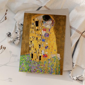 Personalisierte Grußkarte: Der Kuss von Gustav Klimt (Deluxe Linen Cards with Optional Custom Message) Valentinstag / Jubiläumskarte