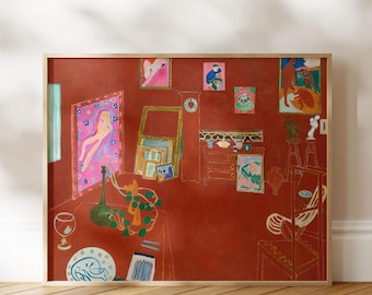 May include: A framed art print featuring a vibrant red interior scene with multiple smaller framed artworks on the walls, a table with a green vase, a patterned plate, and a chair, all rendered in a colorful, expressive, and painterly style.