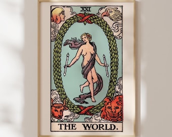 XXI The World Tarot Card Print | Pamela Colman Smith / Rider Waite Fine Art Print | Vintage Spiritual Wall Art, Framed or Unframed