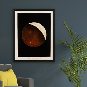 May include: A framed vintage illustration of a partial eclipse of the moon. The moon is partially obscured by the earth's shadow, creating a reddish-brown hue on the surface of the moon. The image is set against a dark background and has the text "Partial Eclipse of the Moon" printed below the image.