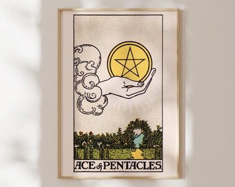 Ace of Pentacles Tarot Card Print | Pamela Colman Smith / Rider Waite Fine Art Print | Vintage Spiritual Wall Art, Framed or Unframed