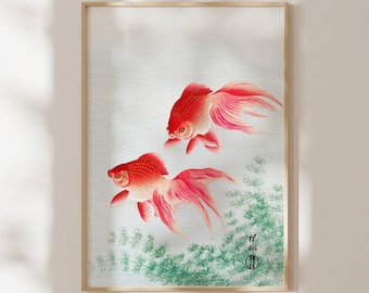 小原古邨による日本のアートプリント「金魚鉢と猫」、木版画、ジクレー