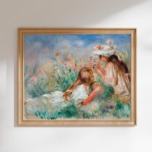 Stampa di Renoir: Ragazze nell'erba che sistemano un mazzo di fiori (stampa artistica giclée di un dipinto impressionista) disponibile come decorazione da parete/per la casa con cornice