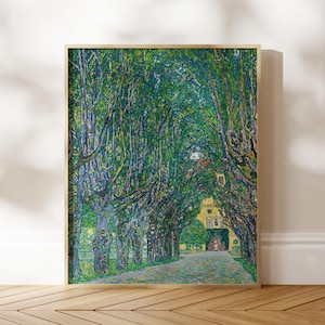 Wood picture frame with symbolist painting of a house and a path leading to it lined with trees