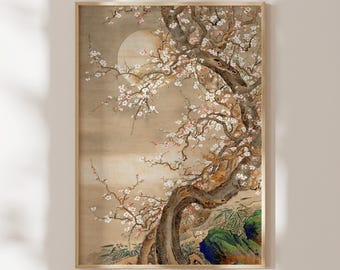 日本美術：伊藤若冲作「白梅と月」（木版画のプレミアムジクレー版画