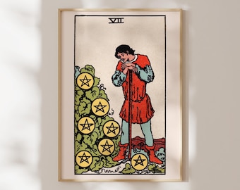 7 of Pentacles Tarot Card Print | Pamela Colman Smith / Rider Waite Fine Art Print | Vintage Spiritual Wall Art, Framed or Unframed