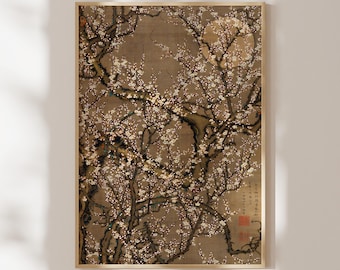 日本美術：伊藤若冲作「白梅図と月」（木版画のプレミアムジクレー版画